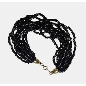 Trifari Black Glass Seed Multi Strand Beaded‎ Bracelet Gold Tone Signed Glam 90s